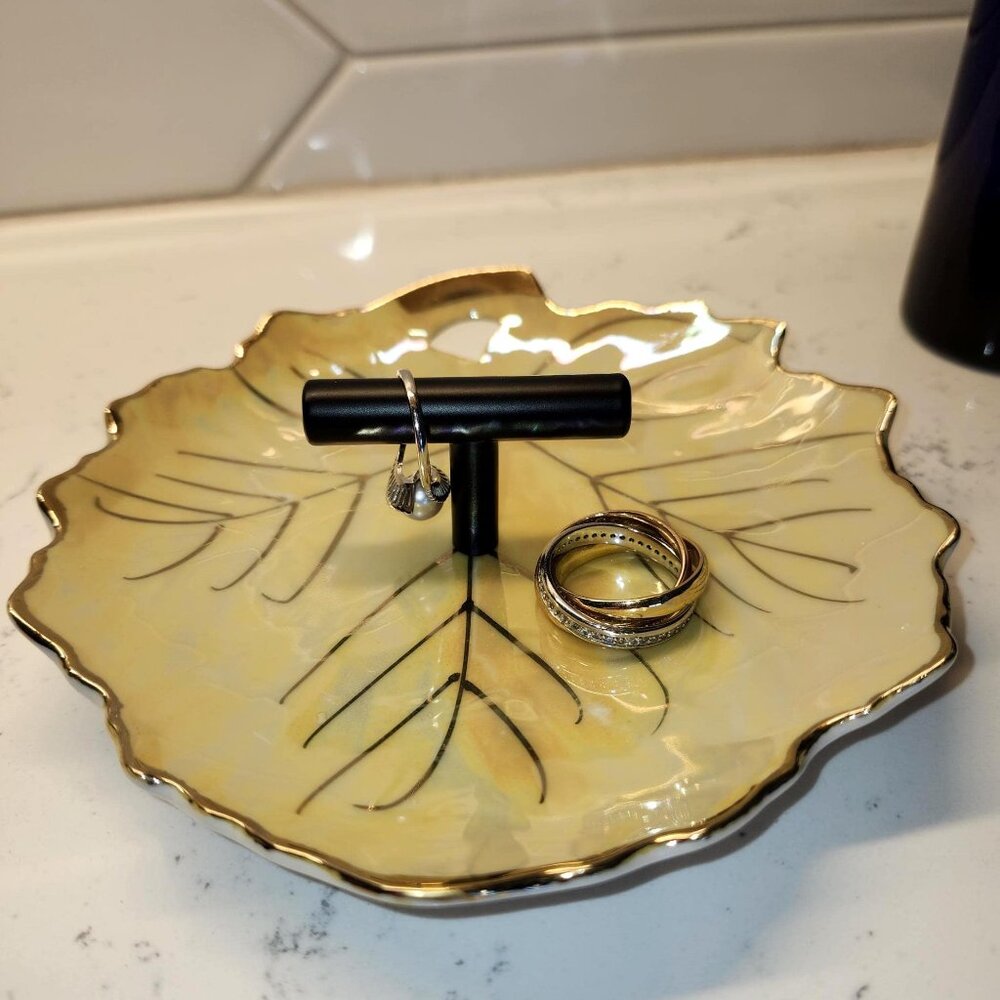 Vintage Japanese Lusterware Ring Dish – Yellow Iridescent Porcelain Vanity Tray